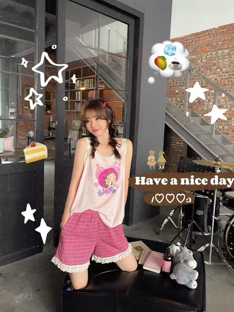 小熊家 贝蒂娃娃新款夏季休闲宽松印花少女卡通甜美家居服睡衣