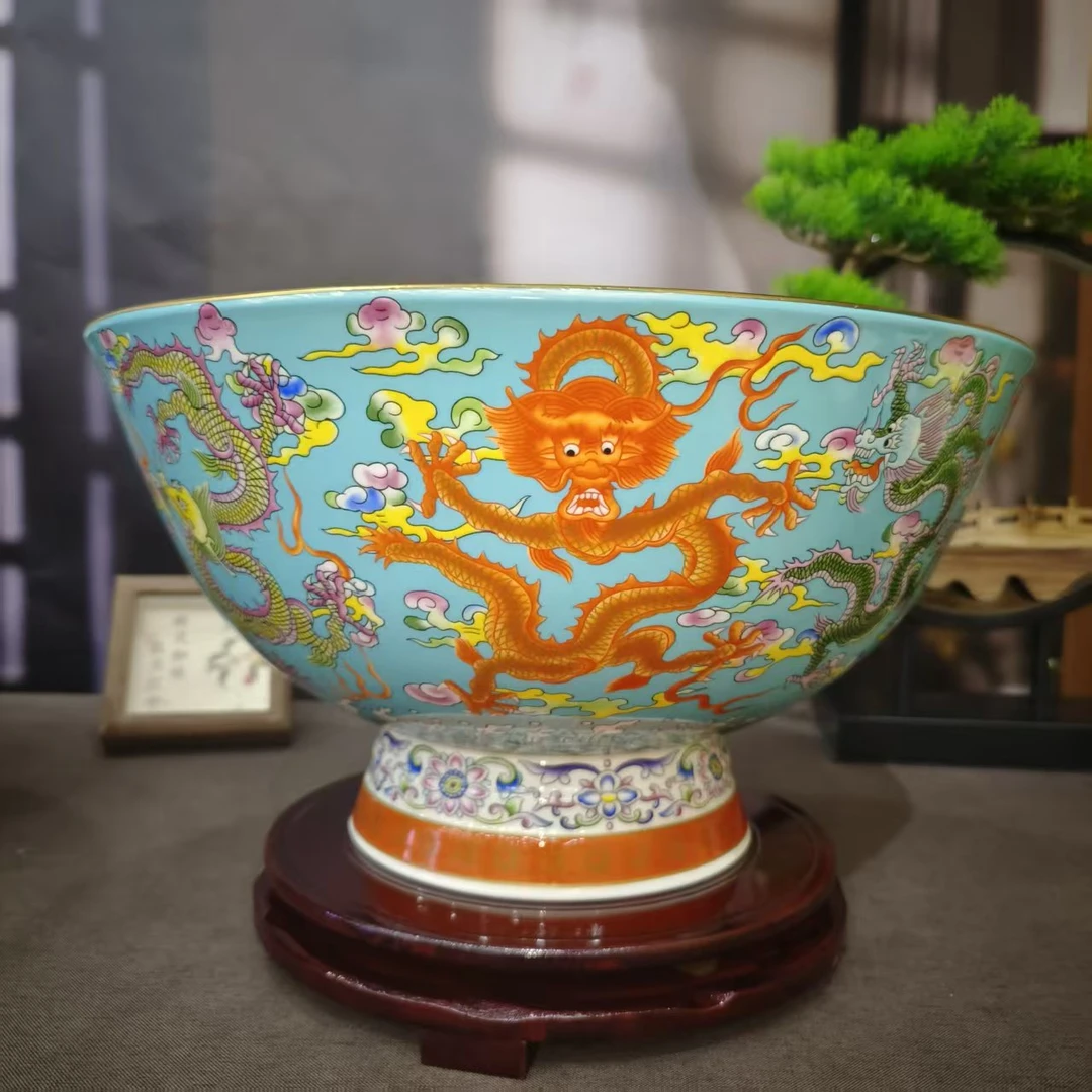 【百善瓷业】湖蓝咏九龙图超级大碗-GH