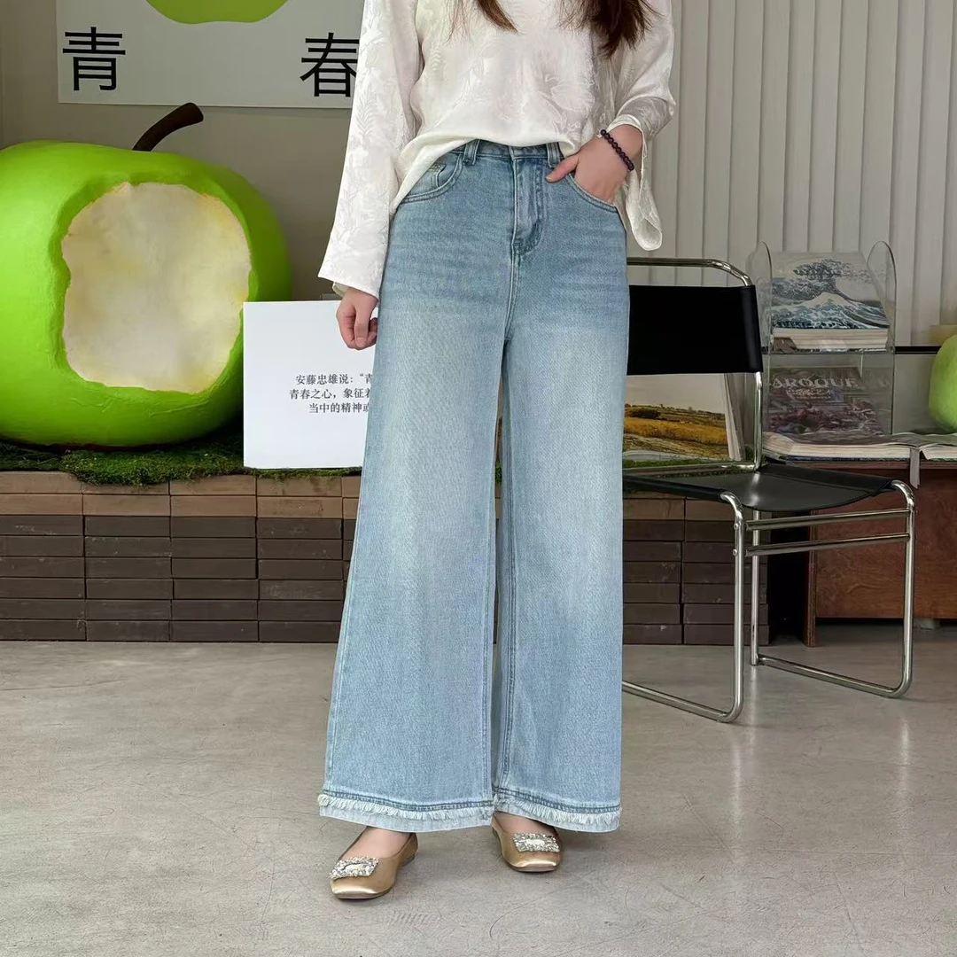 脚口磨毛直筒裤高腰显瘦直筒牛仔裤女春秋新款宽松垂感长裤