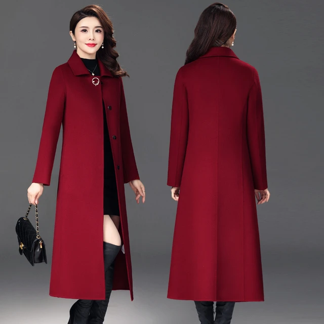 羊绒大衣女长款修身羊毛呢大衣妈妈秋冬新款酒红色喜婆婆流行外套