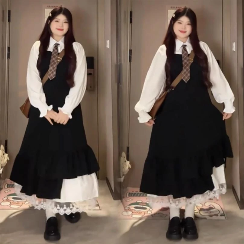 大码学院风套装女秋季高级感白色衬衫胖MM显瘦背带连衣裙子三件套