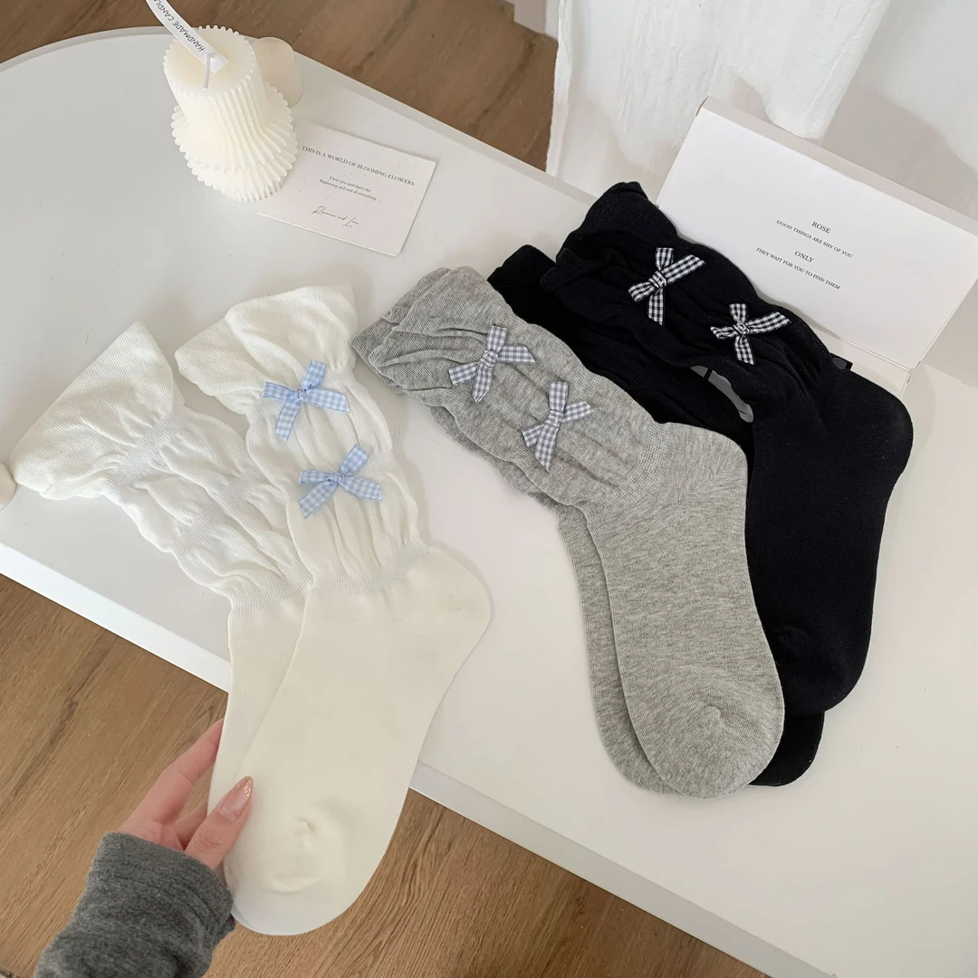 格子丝带纯色花边中筒堆堆女可爱洛丽塔袜子女夏季芭蕾风袜子纯棉