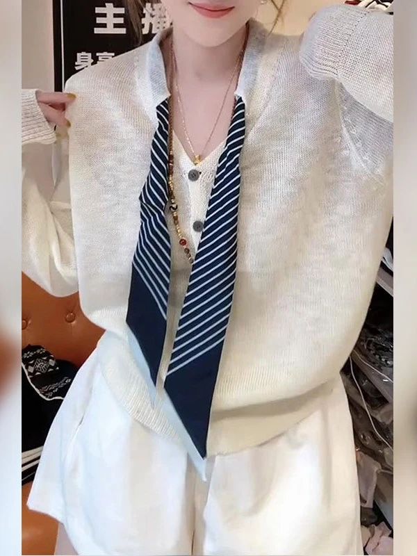 韩系设计感小众v领条纹丝巾针织衫女2025年夏季新款显瘦气质上衣