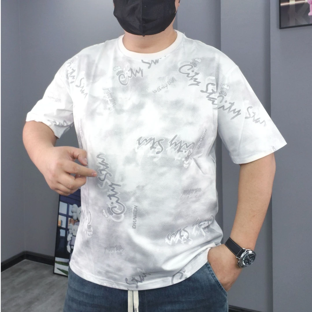 新款加肥加大圆领短袖T恤衫潮胖夏季薄款体恤男士印花t恤衫B-1295