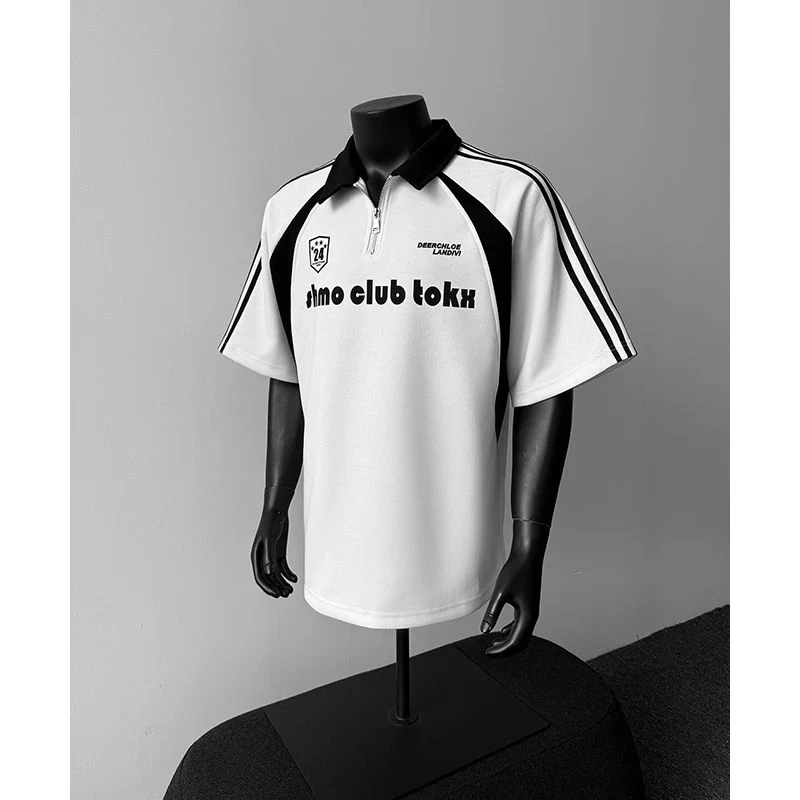 半拉链解构短袖polo衫男款痞帅高级感球衣风t恤美式高街夏季半袖