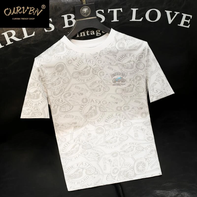 白色花纹印花圆领短袖T恤男士青年修身韩版2025夏季新款透气亲肤T