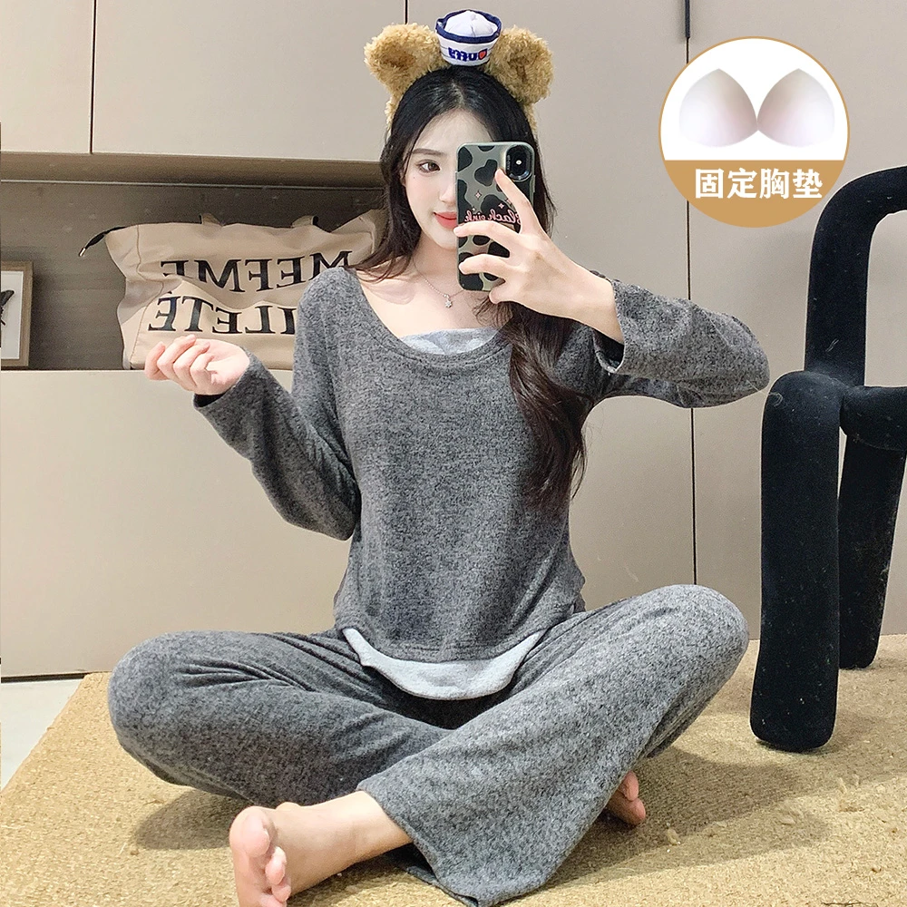 庆同睡衣女新款冬季带胸垫灰色长袖长裤加厚保暖秋冬天家居服套装