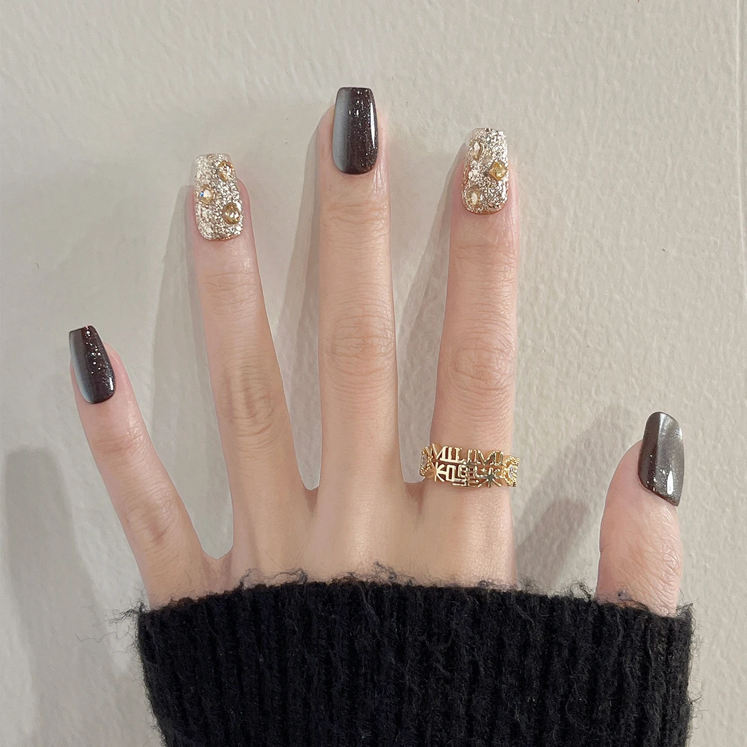 墨金凝萃 米哩米秋冬美拉德风中长款闪钻猫眼纯手工穿戴甲可拆卸