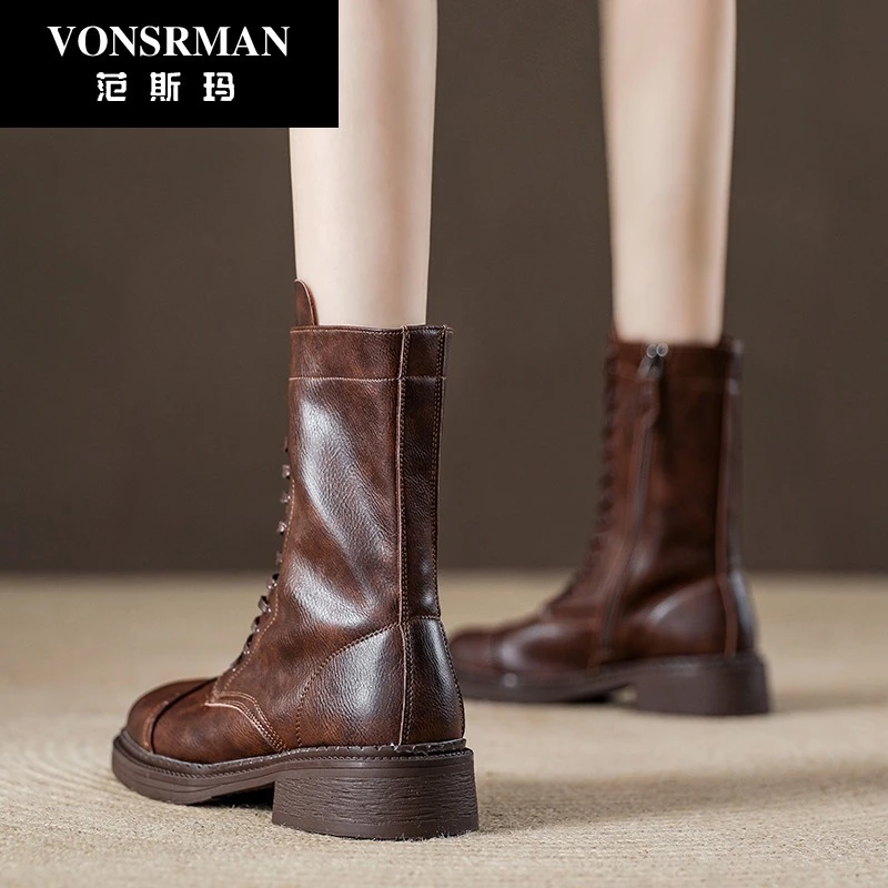 复古擦色方头马丁靴女2025秋季新款系带机车靴显瘦中筒骑行靴百搭