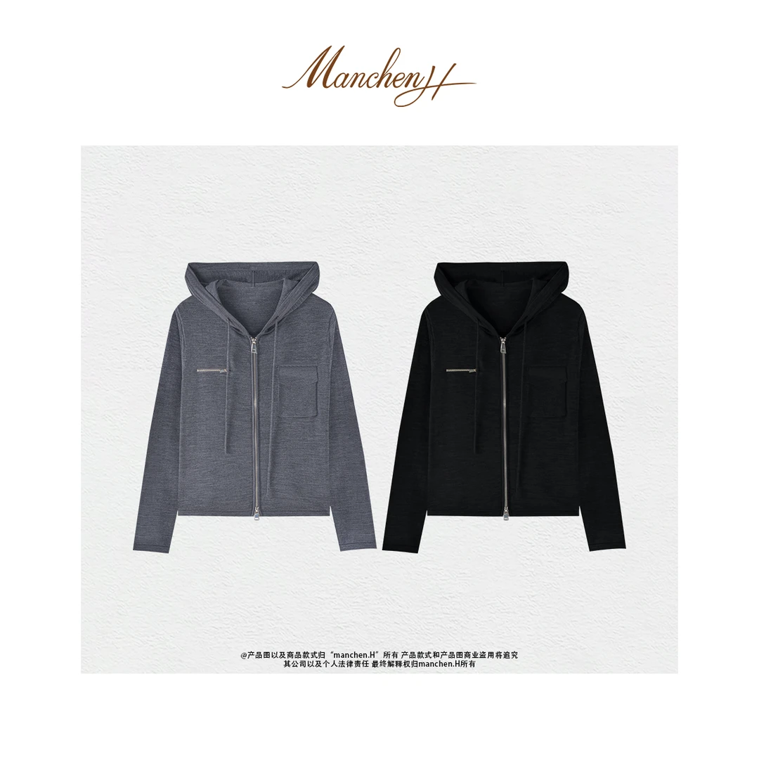 曼辰manchenh"英吉利"重磅2股80支全精纺18针连帽针织上衣