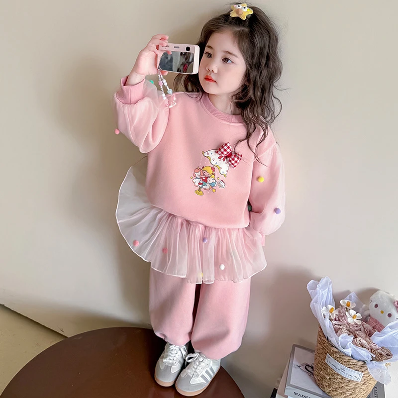 女童加绒套装秋冬装新款儿童卡通卫衣时尚宝宝韩系加厚两件套保暖