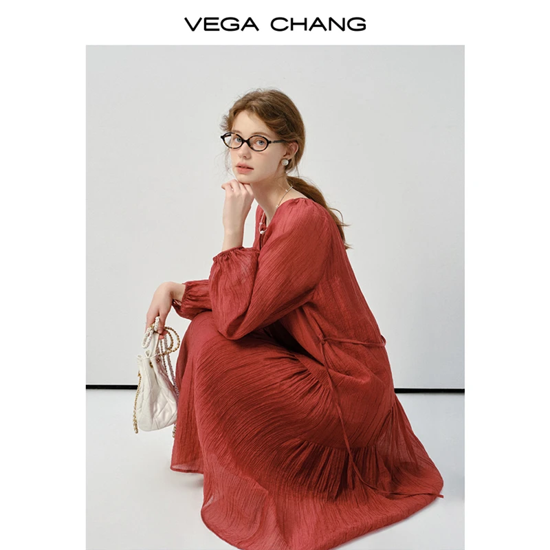 【莱赛尔】VEGA CHANG法式连衣裙女2025年春季肌理感红色优雅长裙