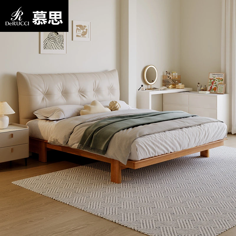 慕思实木床轻奢奶油风全实木樱桃木软包床主卧简约真皮床129N