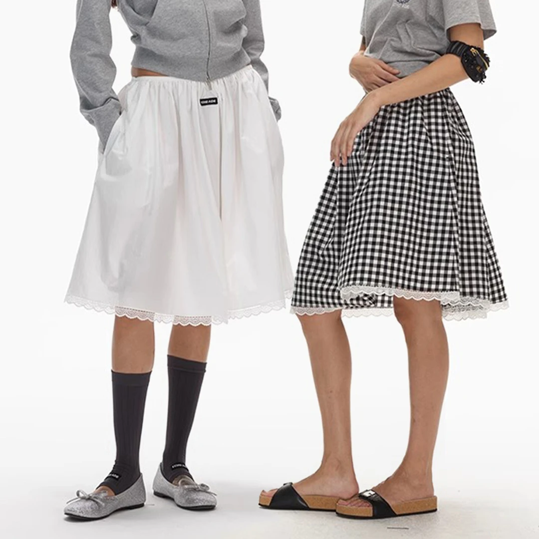 ECHOADE优雅褶皱白色半身裙芭蕾风蕾丝花边文艺感A字格子半裙女装