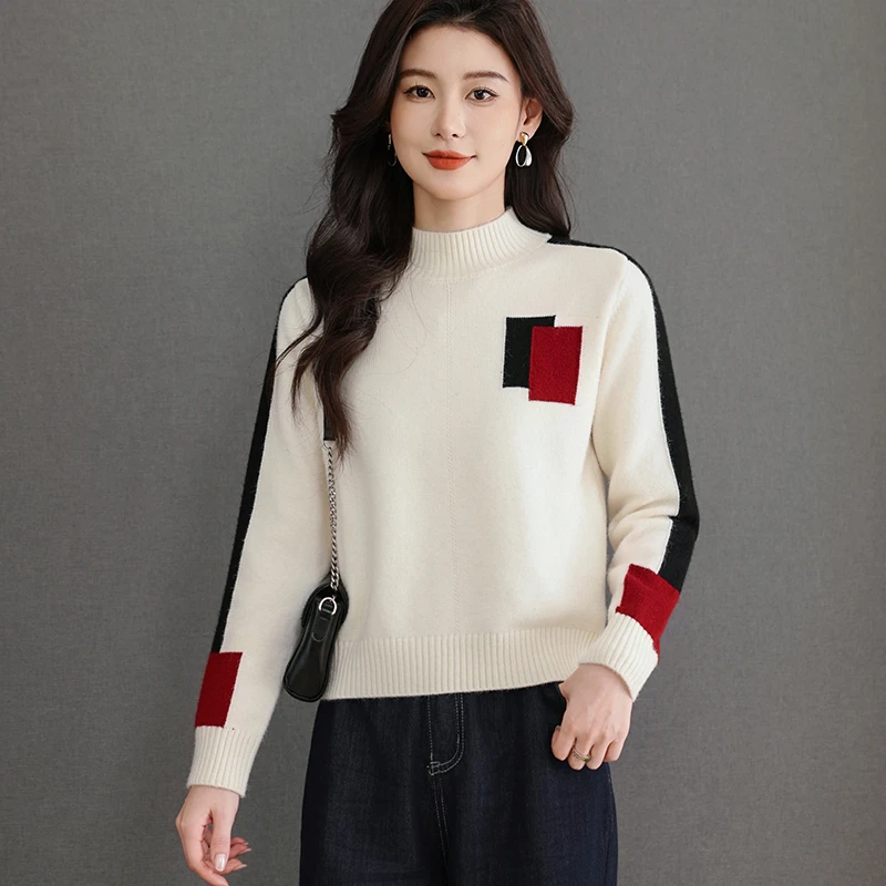 哥弟阿玛施正品冬季新款撞色方格半高领针织衫洋气休闲减龄设计感