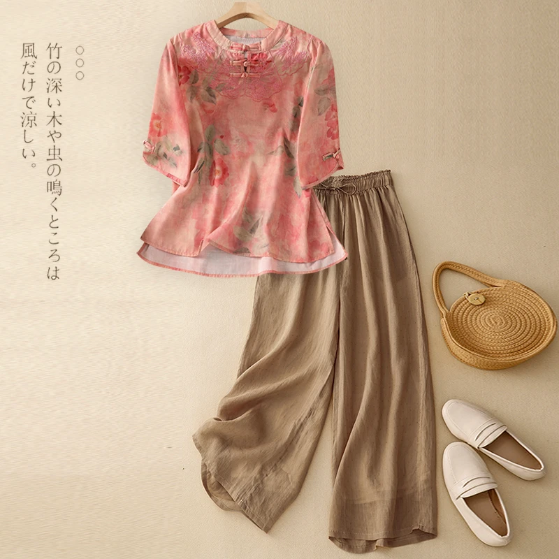 新中式国风漂亮苎麻套装女士夏季新款妈妈高端亚麻盘扣上衣两件套