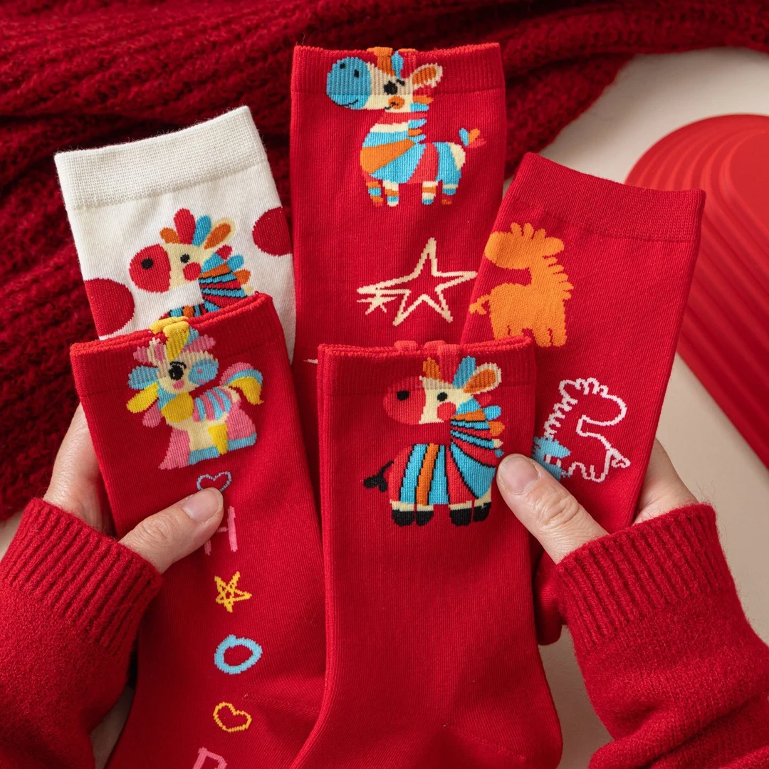 女童红色袜子秋冬本命年红袜女孩中大童卡通小马红袜马年过年袜