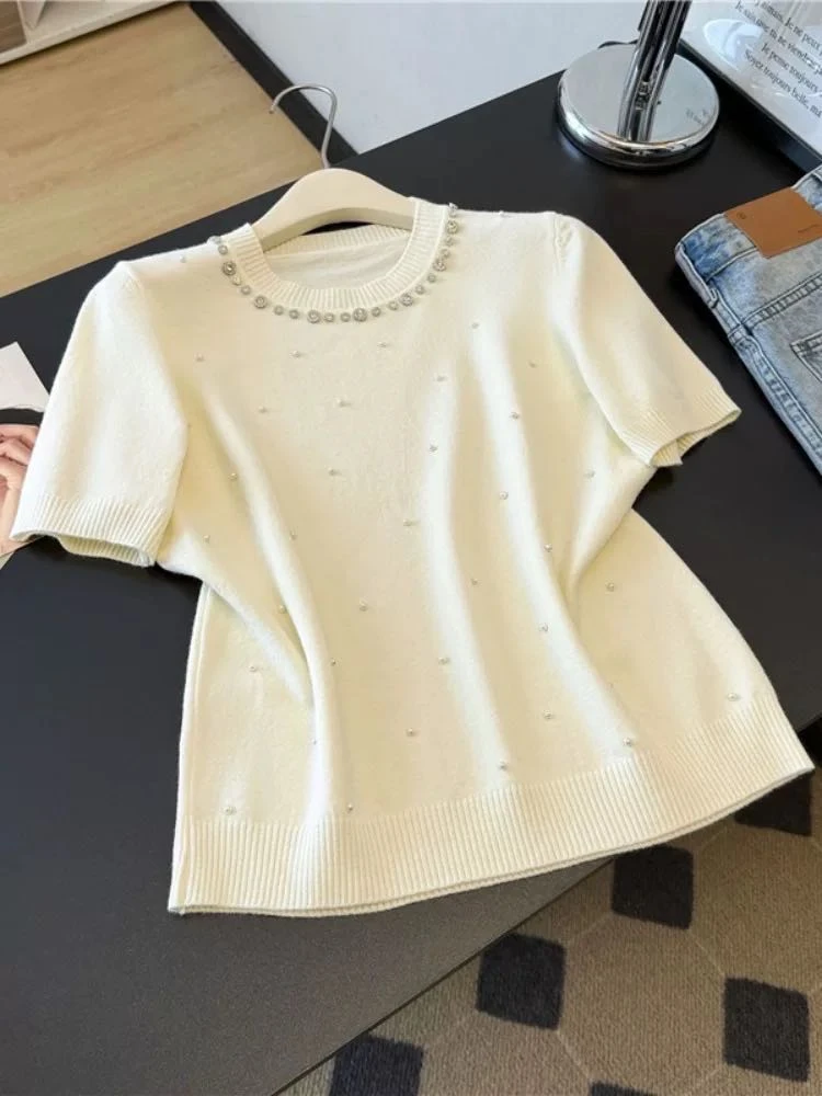 【苏苏精选】6096韩系钉珠圆领短袖针织衫女T恤宽松设计感针织衫
