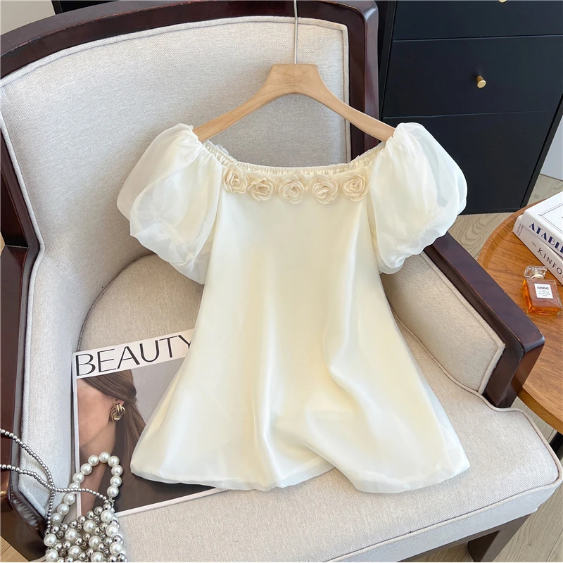 2025夏季新款法式气质别致绝美一字肩泡泡袖宽松雪纺露肩衬衣女