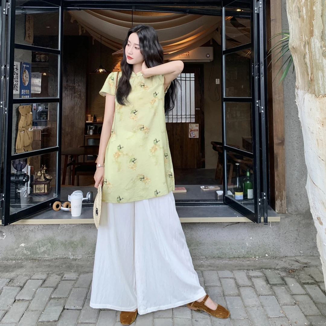 新中式国风套装裤女2025年夏季新款改良旗袍印花上衣阔腿裤两件套