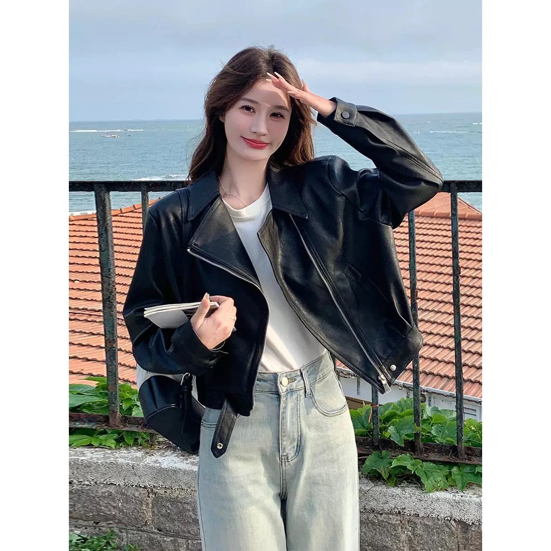 【周周专属】时尚洋气减龄短款翻领皮衣外套女2025秋季新款韩版小个