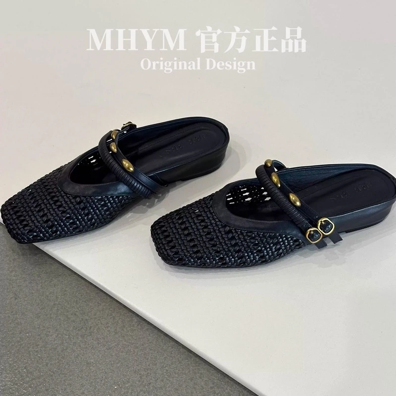 小众设计舒适编织半拖鞋女一字带内增高简约通勤包头凉拖