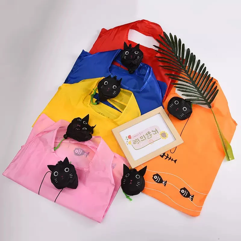 环保折叠小号创意卡通黑猫蓝色超市购物袋大容量手提便携收纳袋