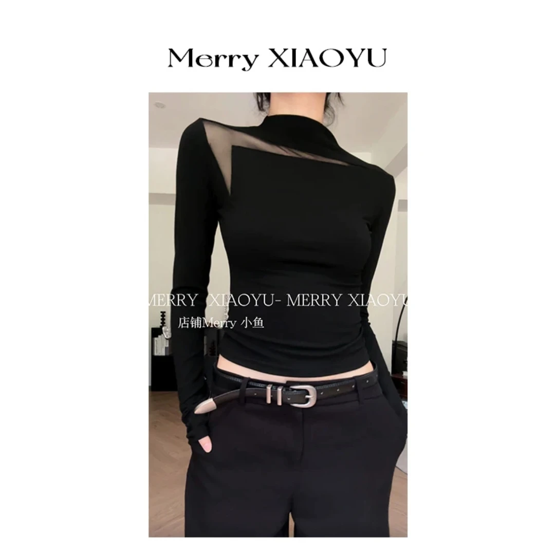 【小鱼】简约镂空网纱小众设计黑色长袖修身显瘦纯欲感百搭上衣