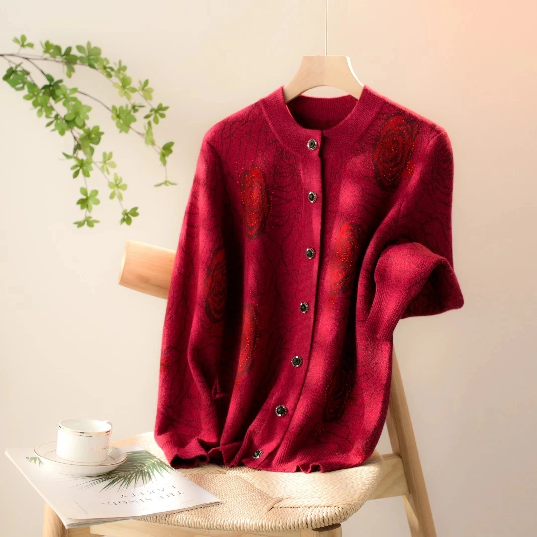 中老年妈妈装烫钻圆领针织开衫B-1736-2