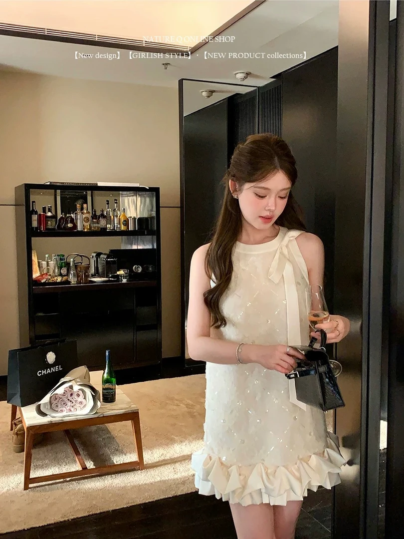 名媛千金风网纱花朵珠片绣蕾丝蝴蝶结挂脖露肩连衣裙优雅礼服