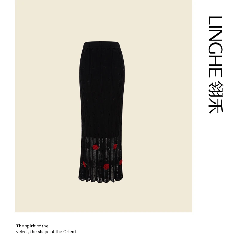 翎禾LINGHE-「朱砂痣」秋季蕾丝气质优雅蝴蝶兰勾花半裙