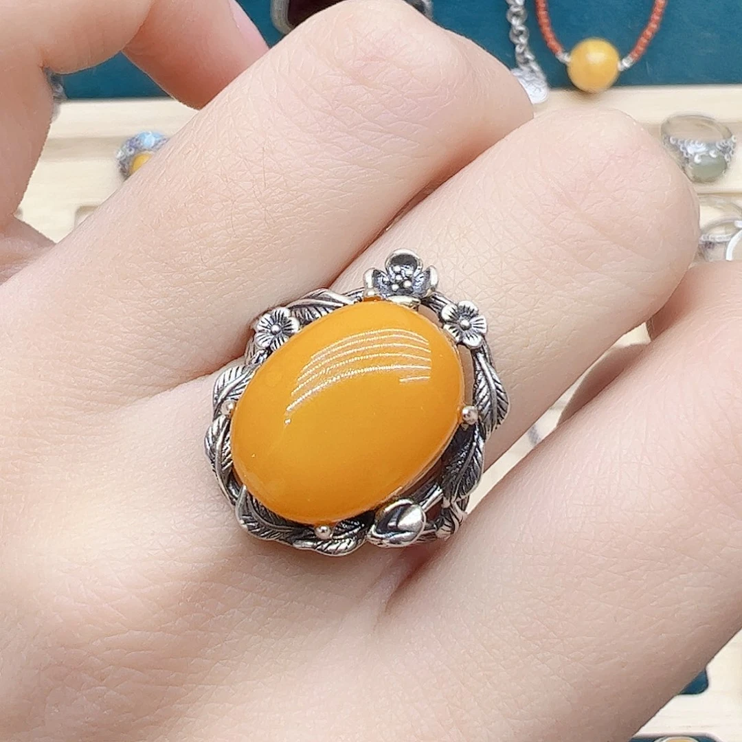 蜜蜡戒指银S925镶嵌天然