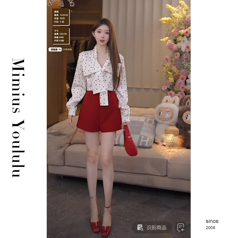 【mimius】&C游鹿鹿 法式红色波点蝴蝶结衬衫上衣+裙裤 G03187