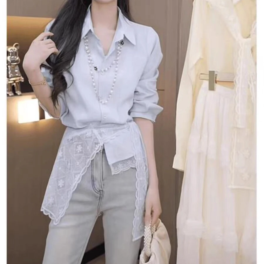 春季新款百搭蕾丝披肩搭配衬衣lucy5150白色时尚设计感衬衫