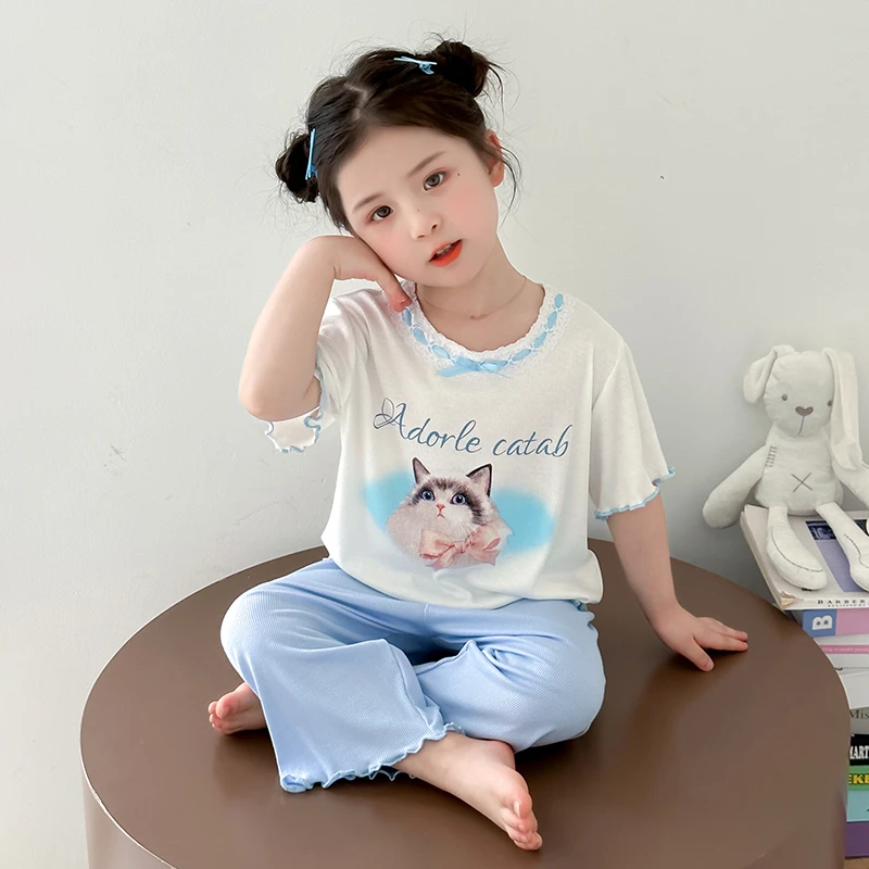 女童睡衣夏季2025新款儿童中小童冰丝家居服套装女宝宝薄款空调服
