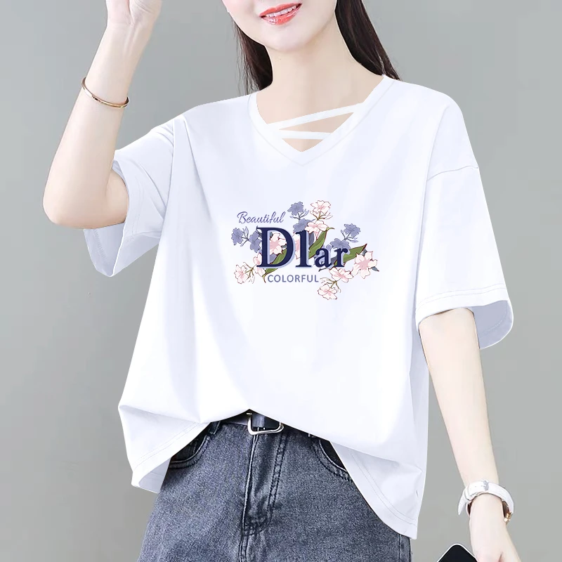 印花夏季设计感v领时尚显瘦半袖上衣大码上装休闲韩版ins百搭洋气