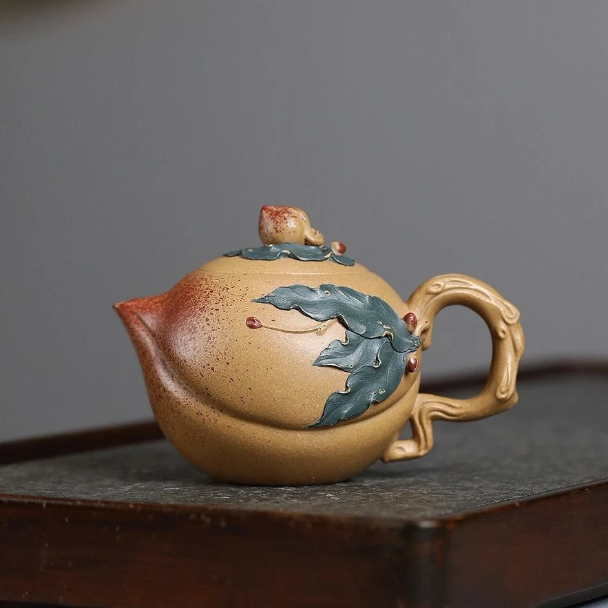 270毫升宜兴紫砂壶桃子手工泡茶壶灵猴献瑞壶原矿黄金段寿桃壶