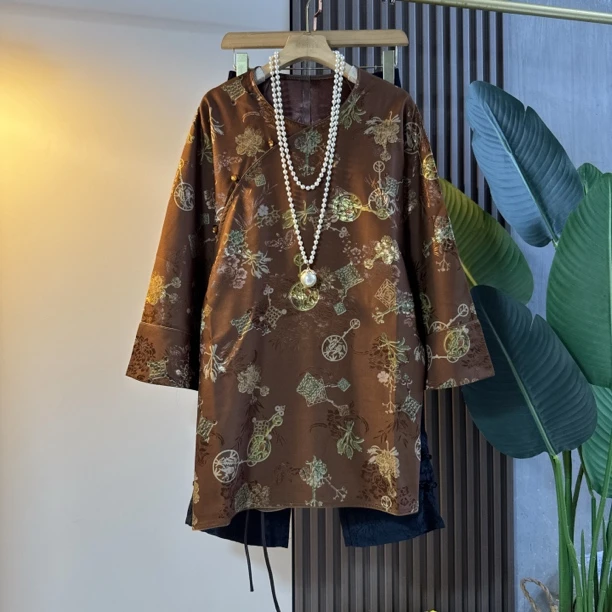 新中式秋季国风大码女装时尚复古提花宽松大衫民族风气质休闲百搭