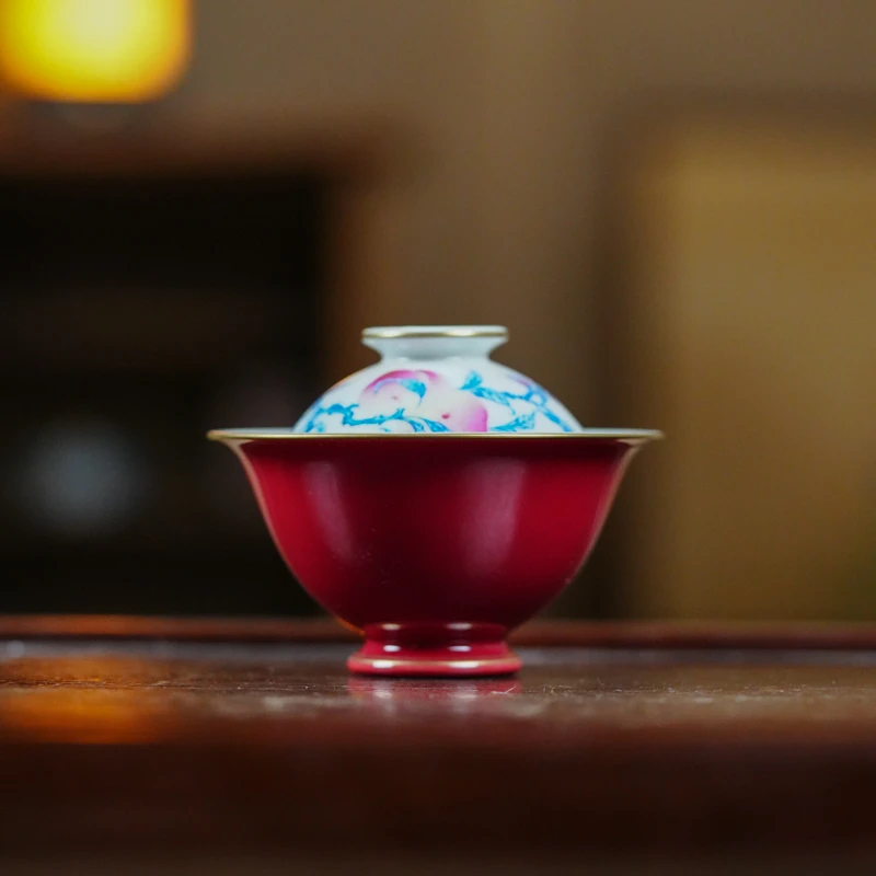 斋居 玫瑰红青花斗彩五桃盖碗-130ml（华隐S0892）