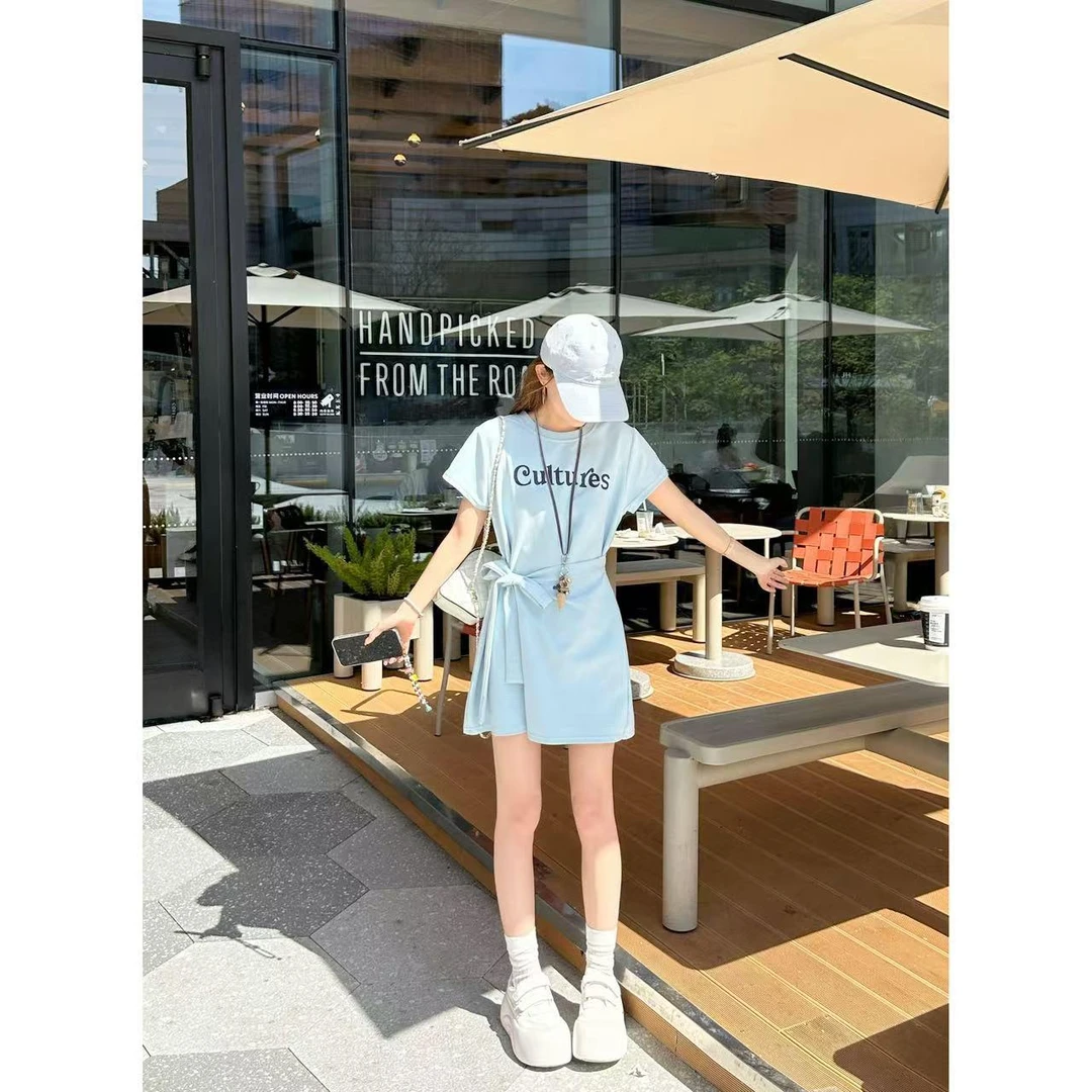 裙子女款爆款2025新款高级感韩系气质字母印花收腰绑带休闲连衣裙