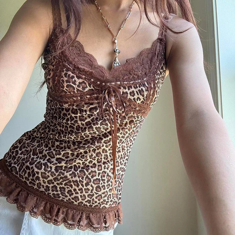 美式辣妹性感豹纹蕾丝拼接修身吊带复古街头撞色显瘦内搭小背心