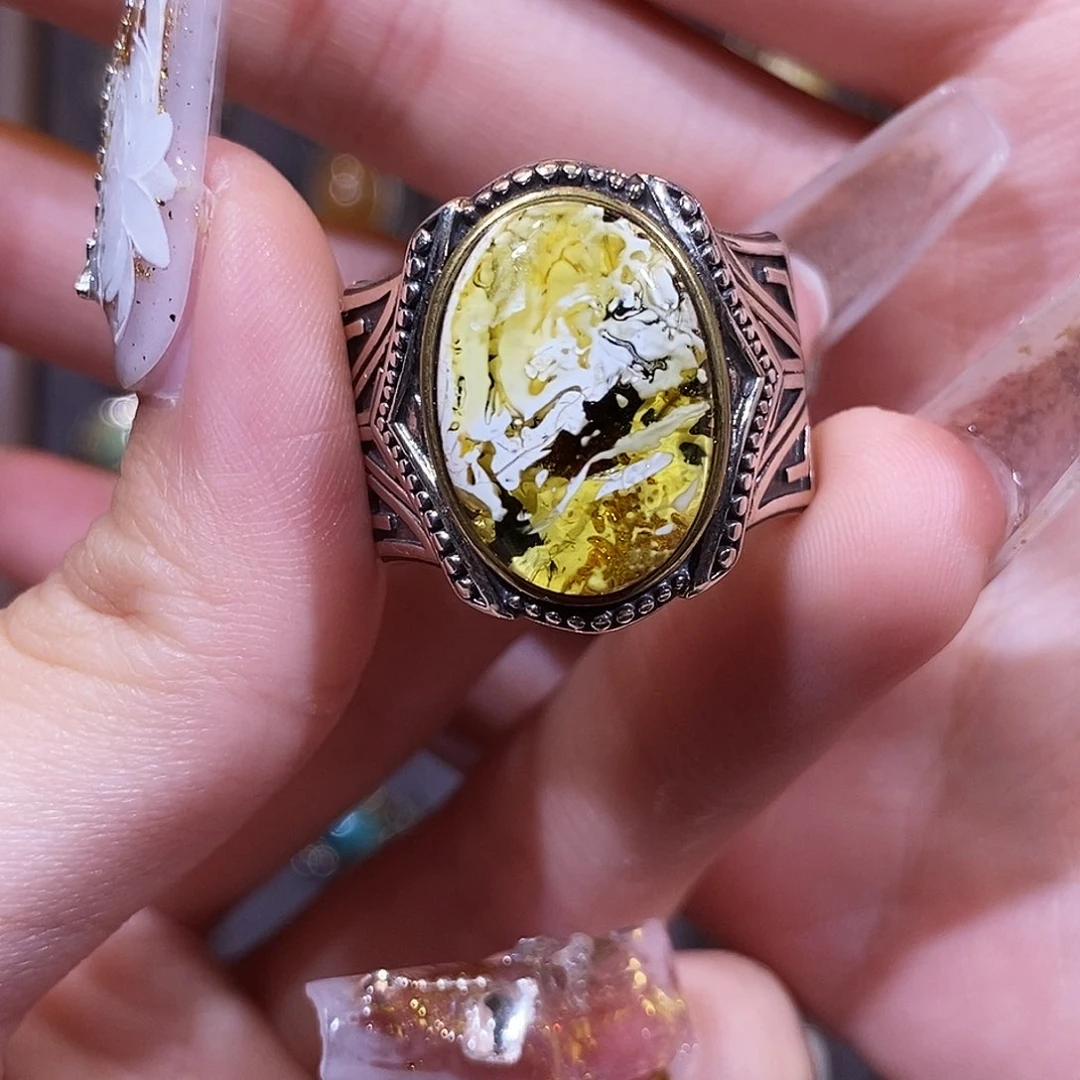 琥珀戒指银S925镶嵌晓*戒指