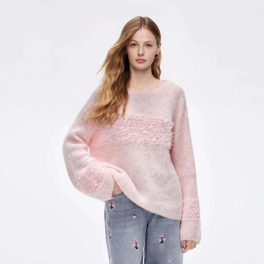 MISSCOCOON可可尼圆领粉色上衣女2025冬季新款慵懒风羊驼毛针织衫