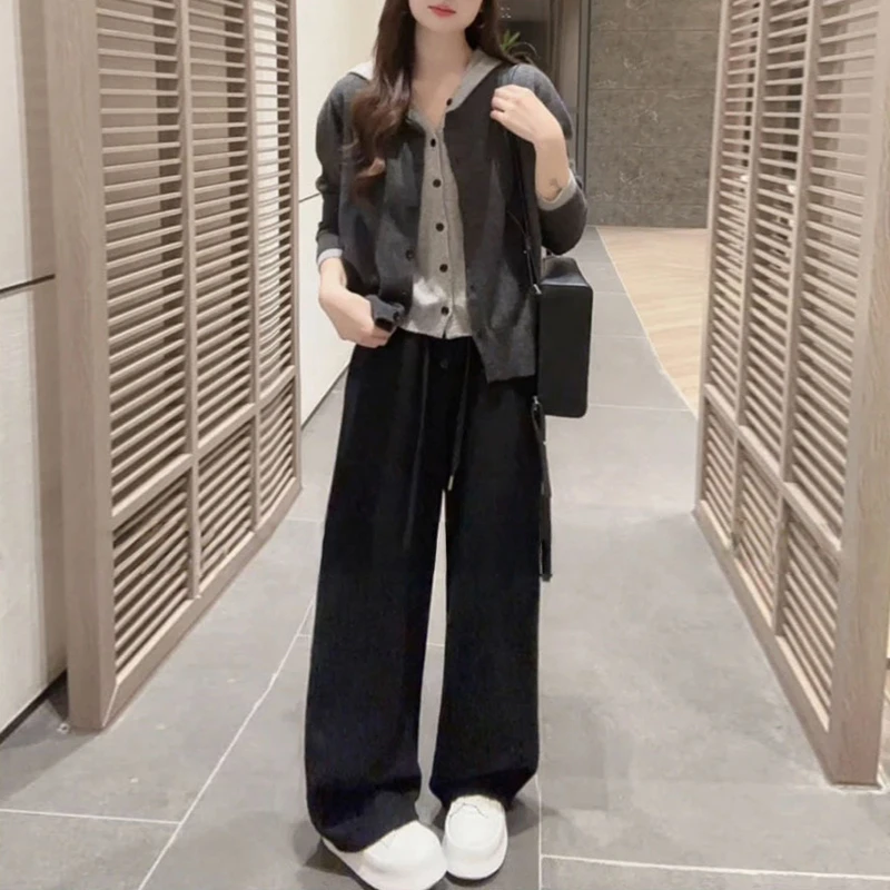 早秋显瘦套装穿搭一整套女装宽松假两件针织衫毛衣休闲卫裤两件套
