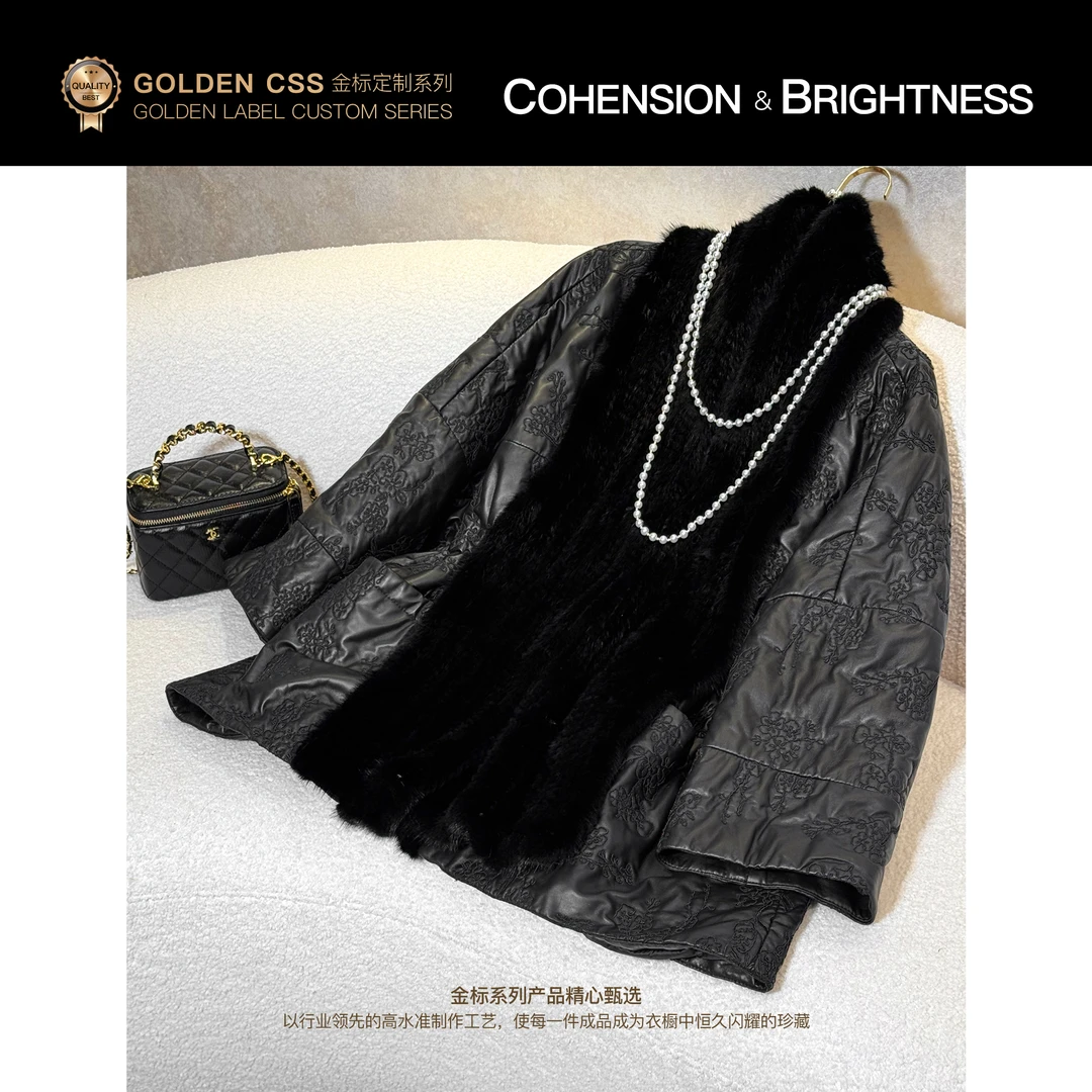 凝慧【寒夜菱花】进口绵羊皮拼接水貂毛领高定绣花中长款皮衣YA229