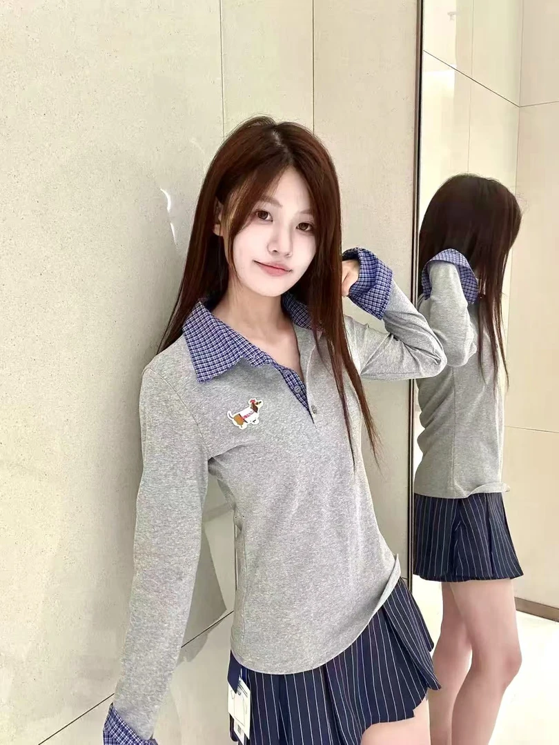 【腊肠狗刺绣】立体刺绣！！POLO领格子拼接韩系学院风修身打底设计