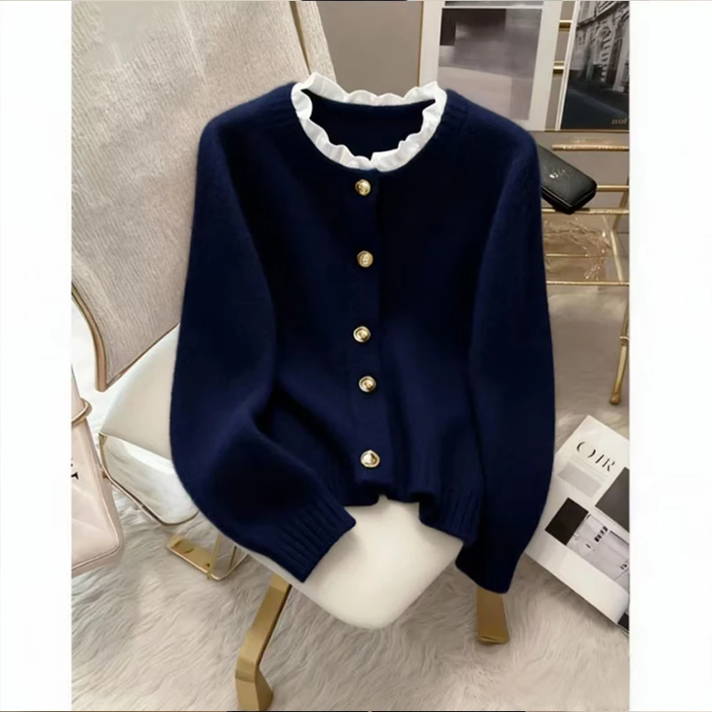 法式慵懒风别致撞色针织开衫秋冬季大码胖MM小香风软糯外穿毛衣潮