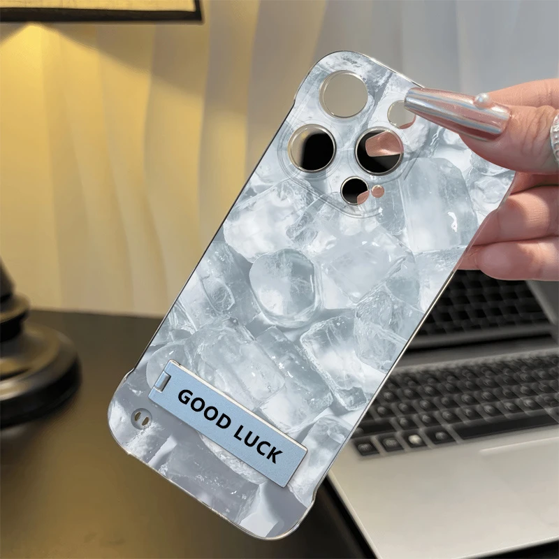 硬iPhone15无边框17pm透明超薄14手机壳带支架苹果16适用夏日冰块