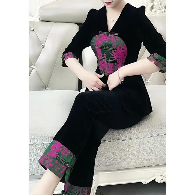 2025春秋新款国风丝绒大码显瘦中式盘扣七分袖上衣裤子两件套装女