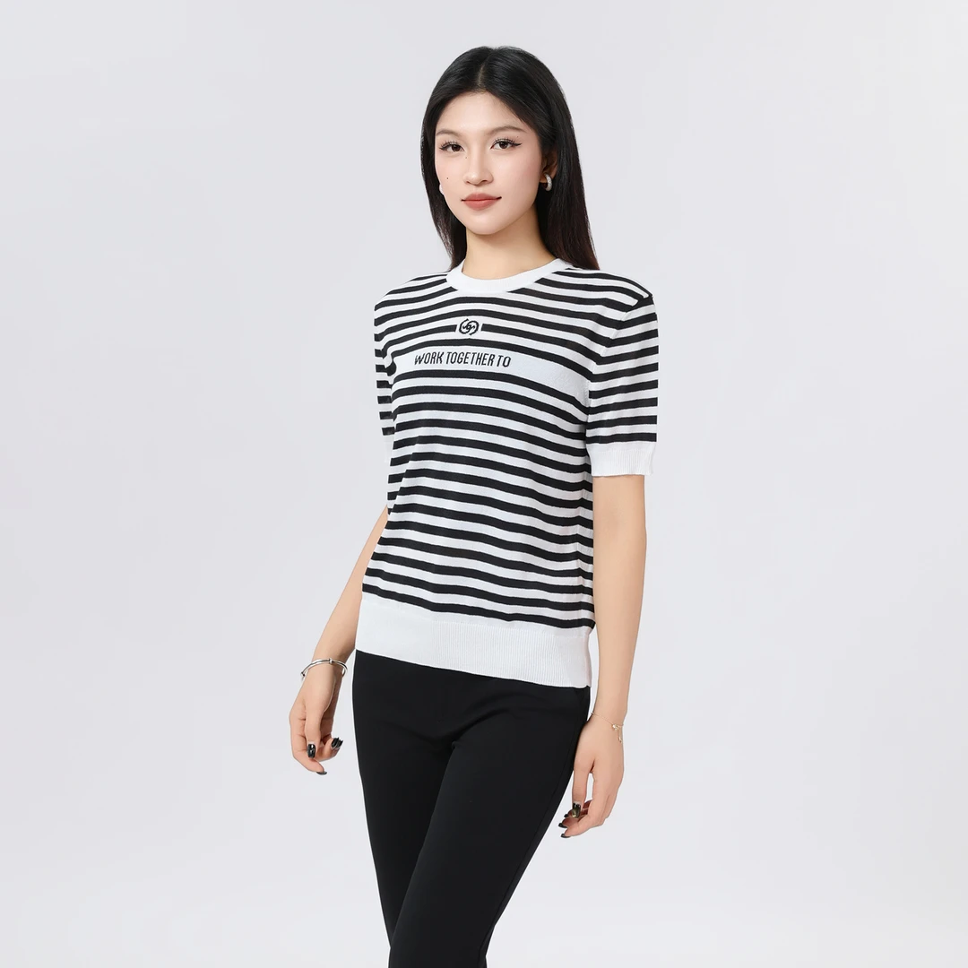 GIRDEAR/哥弟春夏新款百搭时尚显瘦通勤气质圆领针织T恤138018